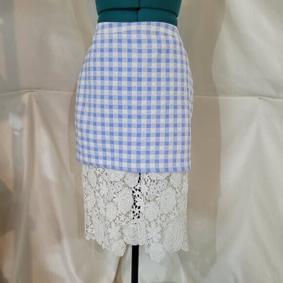 Endless Rose Blue Plaid Skirt with Crocheted Lace Hem - Size Large - Picture 2 of 9